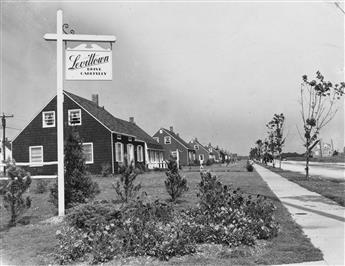(SUBURBS) Two photographs of Levittown, Long Island featuring a quaint street view of uniform houses and an aerial photograph.